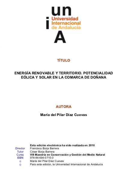 Energía renovable y territorio : potencialidad eólica y solar en la comarca de Doñana