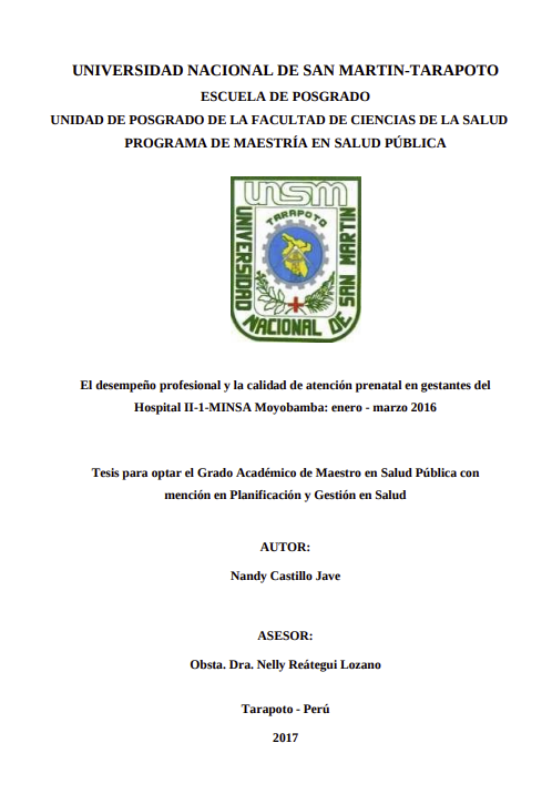 El desempeño profesional y la calidad de atención prenatal en gestantes del Hospital II