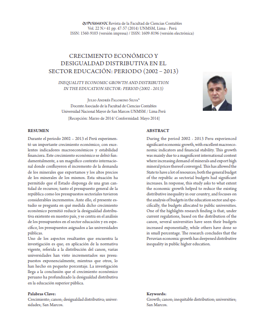 Crecimiento económico y desigualdad distributiva en el Sector Educación: Periodo (2002 - 2013)