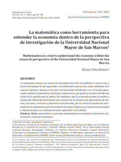 La Matemática como herramienta para entender la Economía dentro de la perspectiva de investigación de la UNMSM