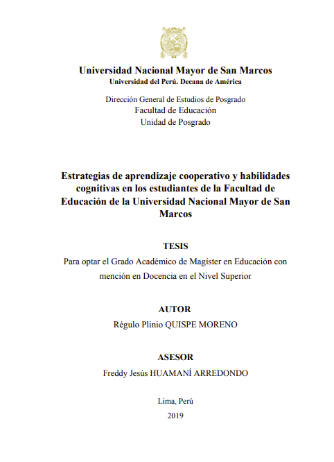 Estrategias de aprendizaje cooperativo y habilidades cognitivas en los estudiantes de la Facultad de Educación de la UNMSM