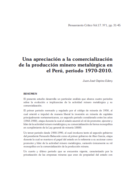 Una apreciación a la comercialización de la producción minero metalúrgica en el Perú, periodo 1970-2010