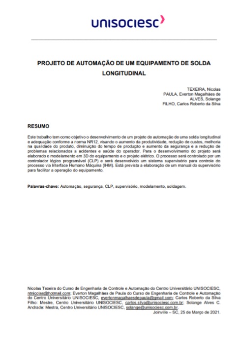 Projeto de automação de um equipamento de solda longitudinal