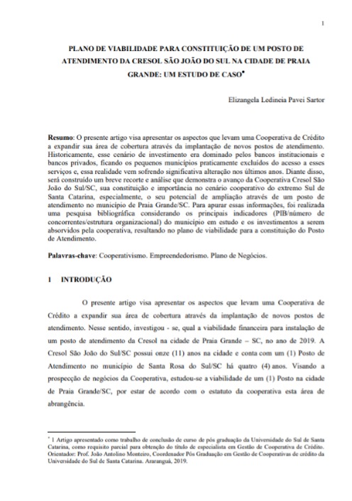 Plano de viabilidade para constituição de um posto de atendimento da Cresol São João do Sul na cidade de Praia Grande: um estudo de caso