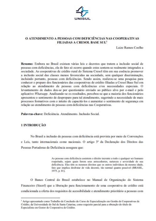 O atendimento a pessoas com deficiências nas cooperativas filiadas a Cresol Base Sul