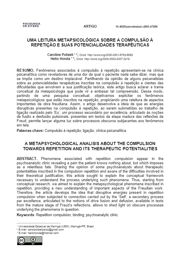 UMA LEITURA METAPSICOLÓGICA SOBRE A COMPULSÃO À REPETIÇÃO E SUAS POTENCIALIDADES TERAPÊUTICAS
