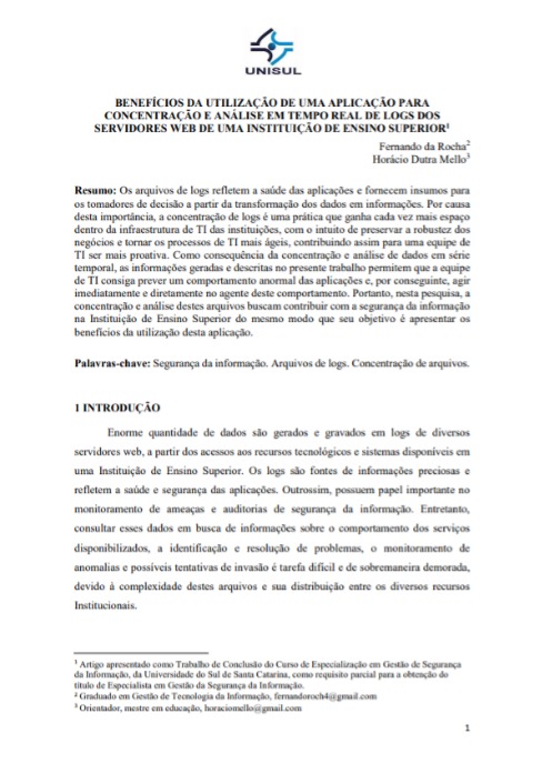 Benefícios da utilização de uma aplicação para concentração e análise em tempo real de logs dos servidores web de uma instituição de ensino superior