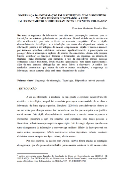 Segurança da informação em instituições com dispositivos móveis pessoais conectados à rede: um levantamento sobre ferramentas e técnicas utilizadas
