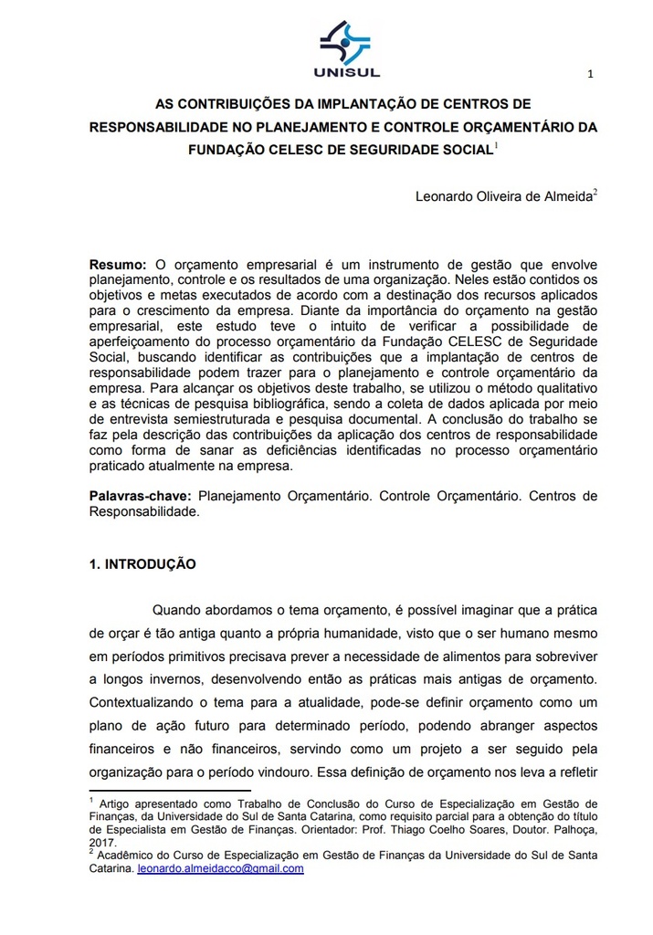 As contribuições da implantação de centros de responsabilidade no planejamento e controle orçamentário da Fundação CELESC de Seguridade Social