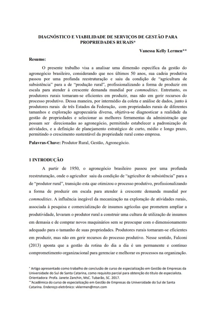 Diagnóstico e viabilidade de serviços de gestão para propriedades rurais