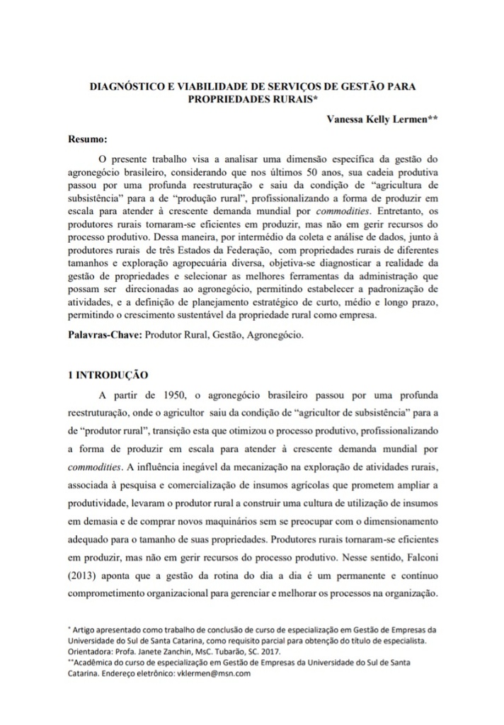 Diagnóstico e viabilidade de serviços de gestão para propriedades rurais