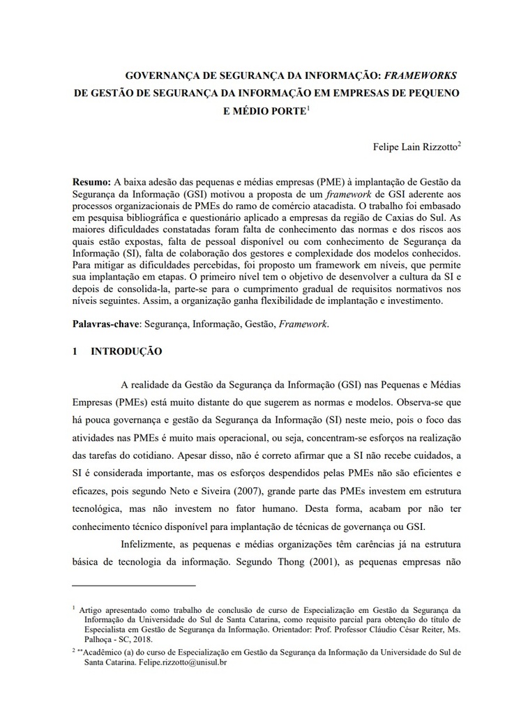 Governança de segurança da informação: frameworks de gestão de segurança da informação em empresas de pequeno e médio porte