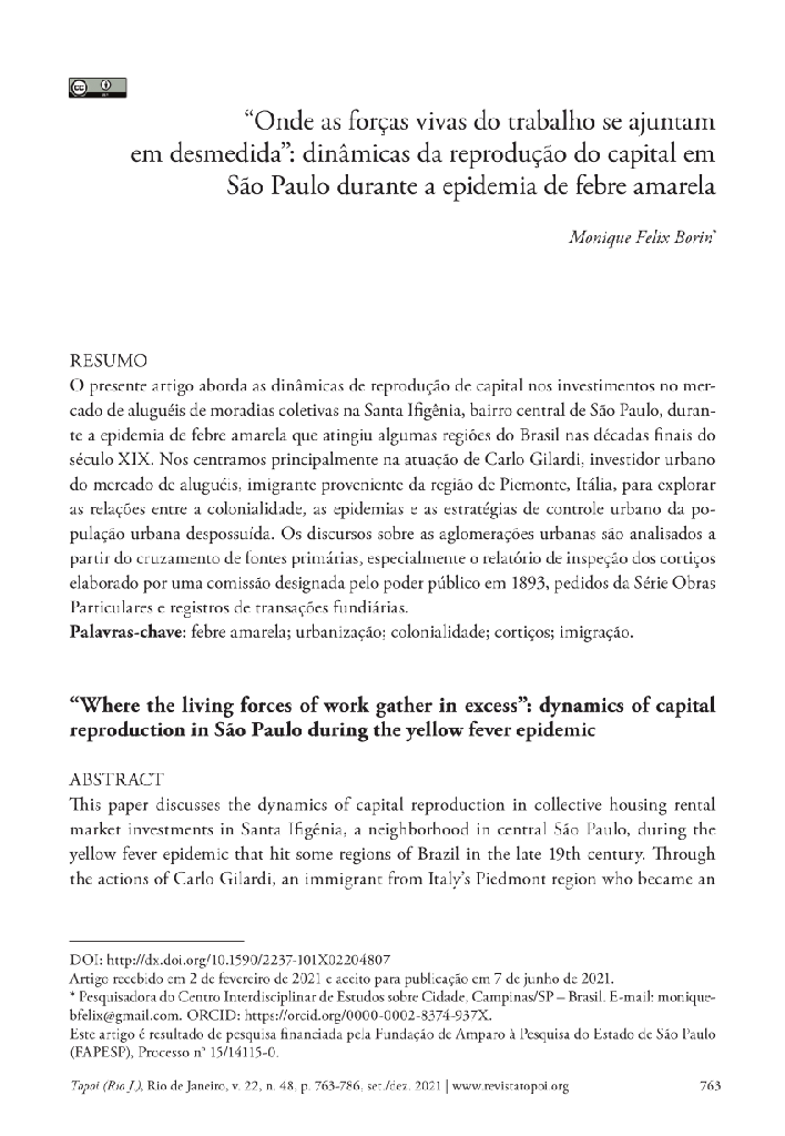 “Onde as forças vivas do trabalho se ajuntam em desmedida”: dinâmicas da reprodução do capital em São Paulo durante a epidemia de febre amarela