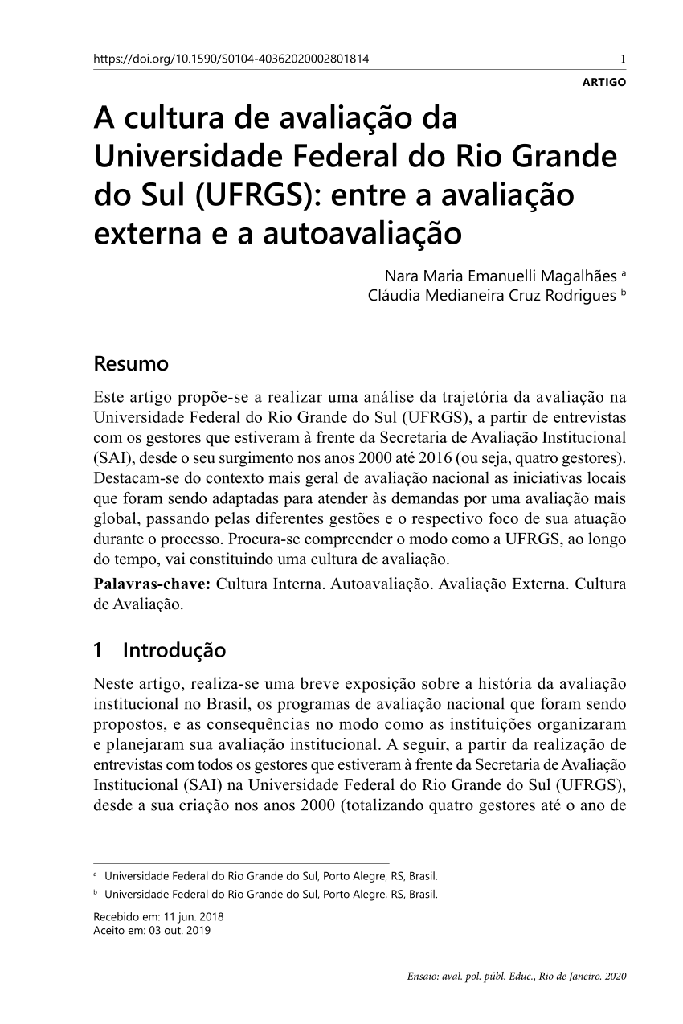 A cultura de avaliação da Universidade Federal do Rio Grande do Sul (UFRGS): entre a avaliação externa e a autoavaliação