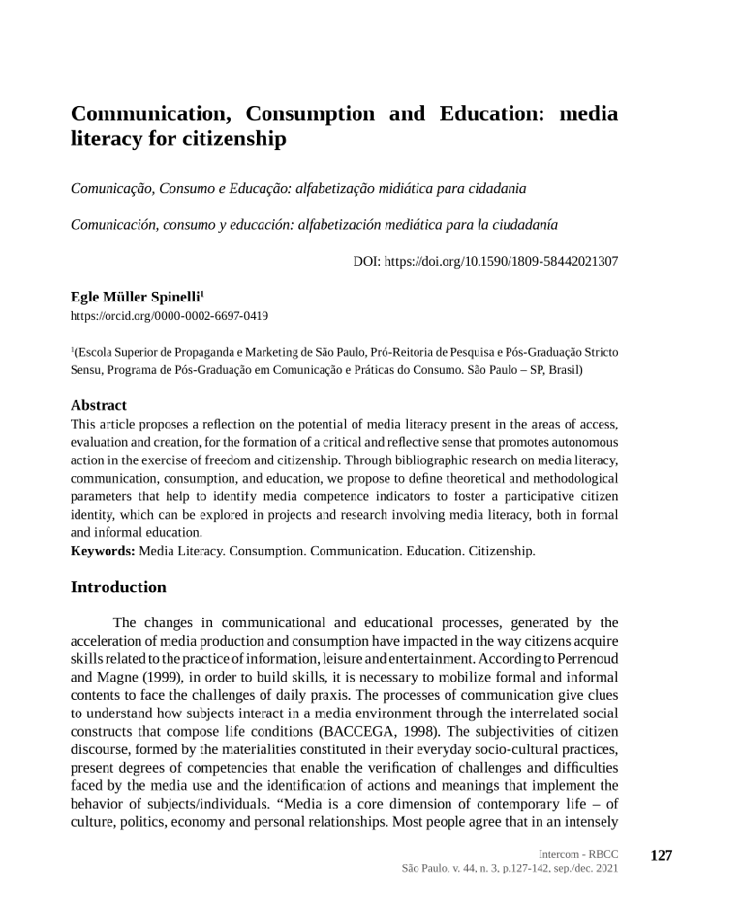 Comunicação, Consumo e Educação: alfabetização midiática para cidadania