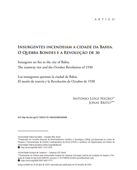 Insurgentes incendeiam a cidade da Bahia. O Quebra Bondes e a Revolução de 30