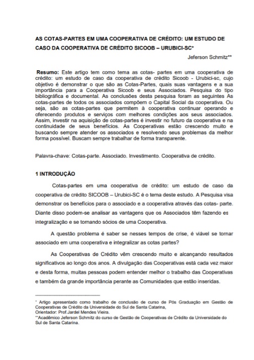 As cotas partes em uma cooperativa de crédito: um estudo de caso da cooperativa de crédito Sicoob