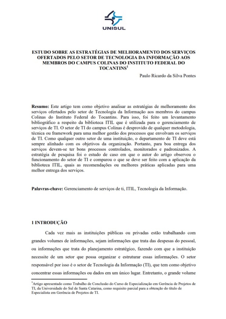 Estudo sobre as estratégias de melhoramento dos serviços ofertados pelo setor de tecnologia da informação aos membros do campus colinas do instituto federal do Tocantins