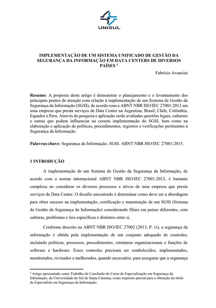 Implementação de um sistema unificado de gestão da segurança da informação em data centers de diversos países