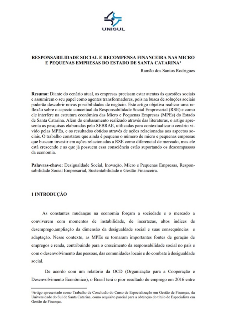 Responsabilidade social e recompensa financeira nas micro e pequenas empresas do estado de Santa Catarina