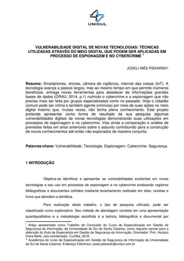 Vulnerabilidade digital de novas tecnologias: técnicas utilizadas através do meio digital que podem ser aplicadas em processo de espionagem e no cybercrime