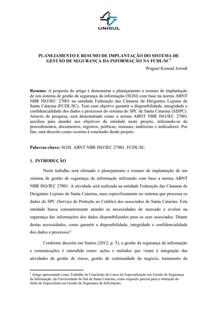 Planejamento e resumo de implantação do sistema de gestão de segurança da informação na FCDL/SC