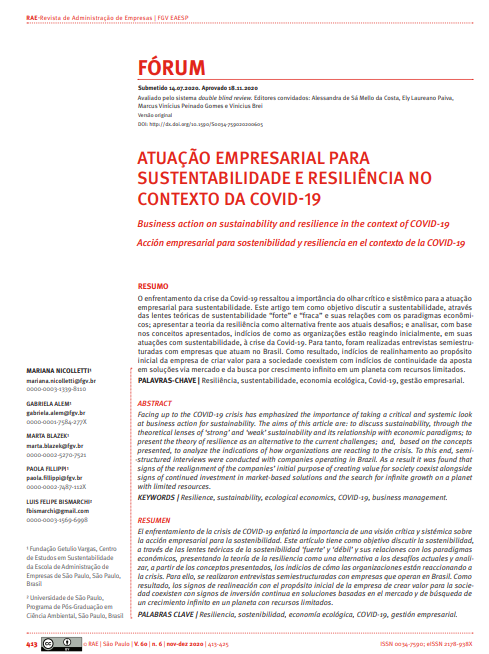 ATUAÇÃO EMPRESARIAL PARA SUSTENTABILIDADE E RESILIÊNCIA NO CONTEXTO DA COVID-19