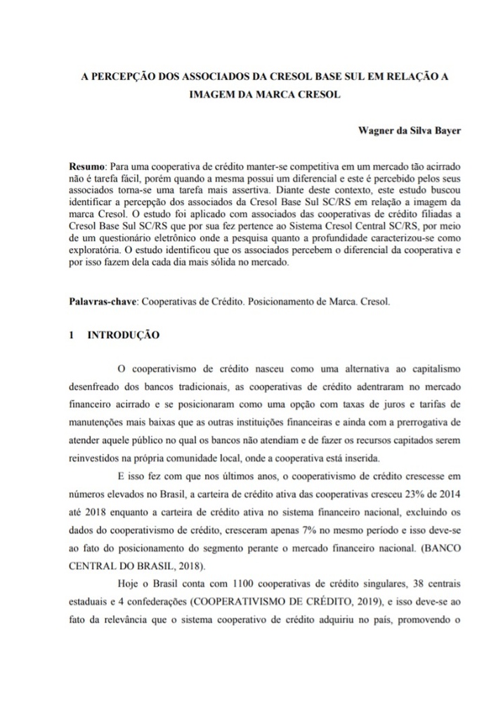 A percepção dos associados da Cresol Base Sul em relação a imagem da marca Cresol