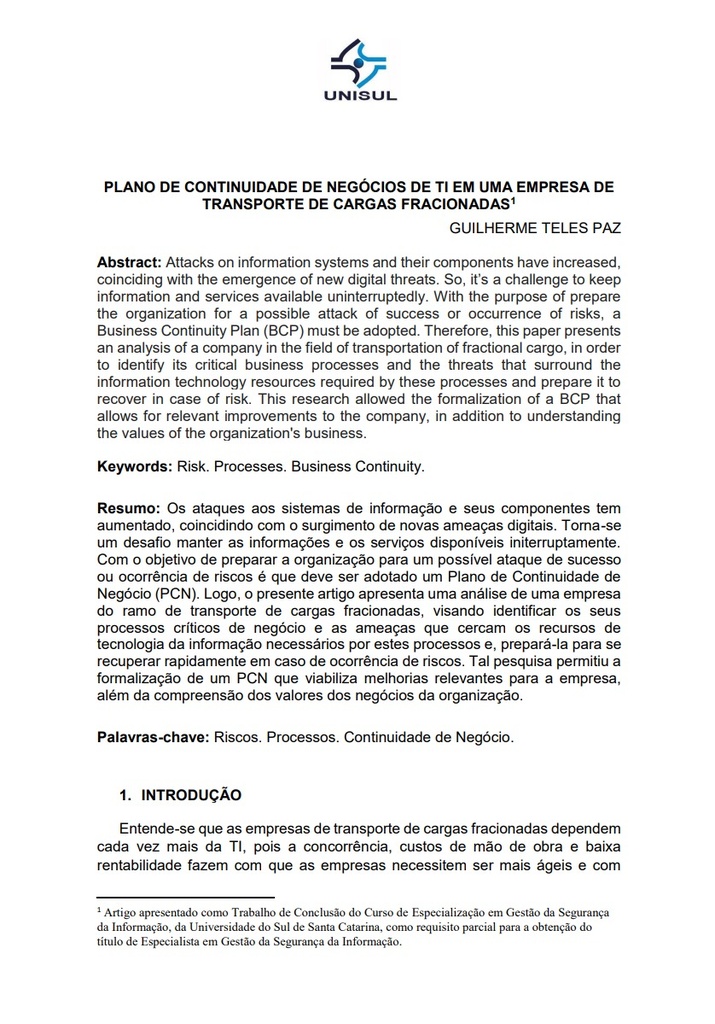 Plano de continuidade de negócios de TI em uma empresa de transporte de cargas fracionadas