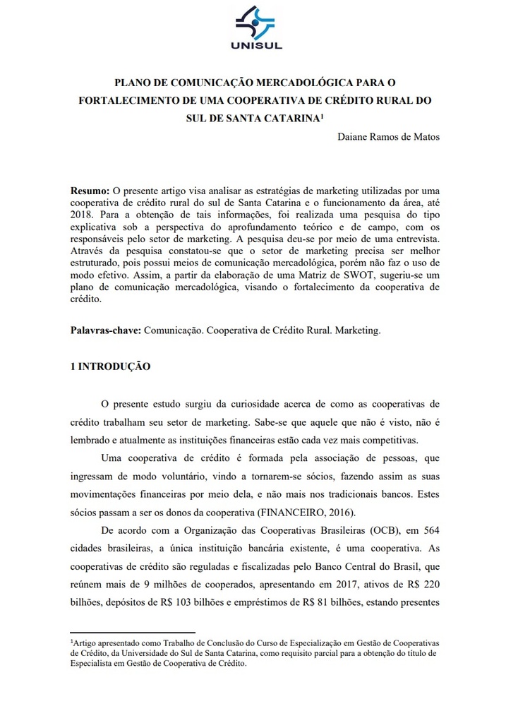 Plano de comunicação mercadológica para o fortalecimento de uma cooperativa de crédito rural do sul de Santa Catarina