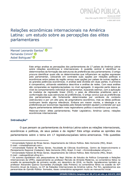 Relações econômicas internacionais na América Latina: um estudo sobre as percepções das elites parlamentares