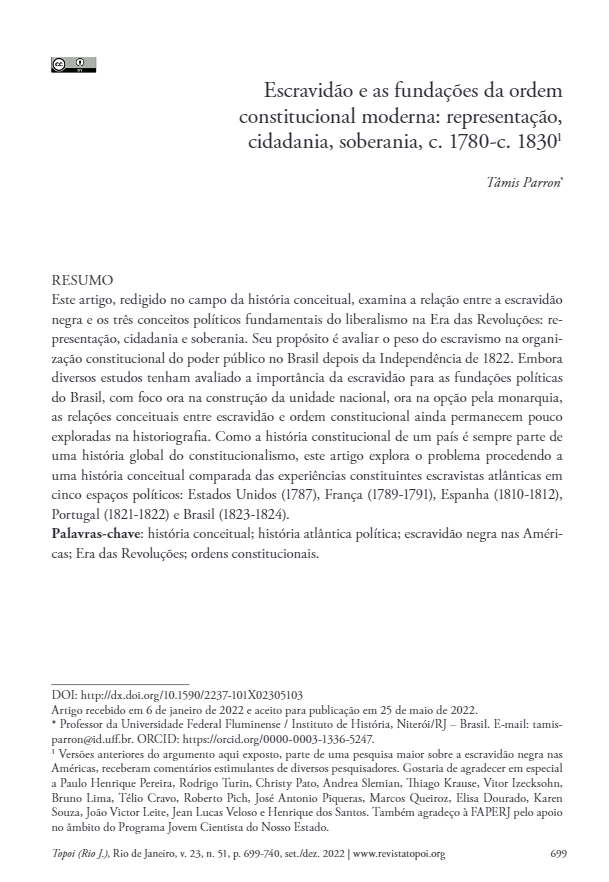 Escravidão e as fundações da ordem constitucional moderna: representação, cidadania, soberania, c. 1780-c. 1830