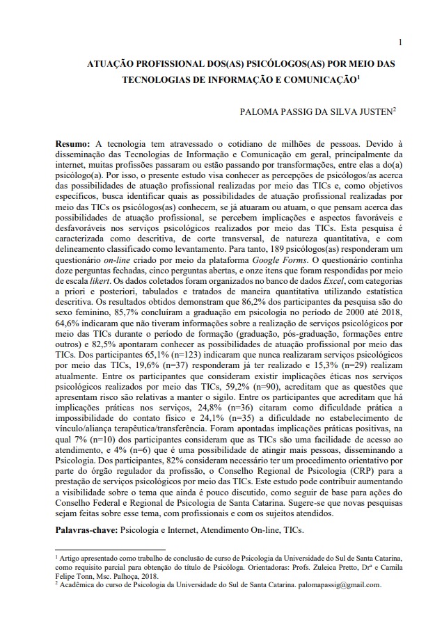 Atuação profissional dos(as) psicólogos(as) por meio das tecnologias de informação e comunicação