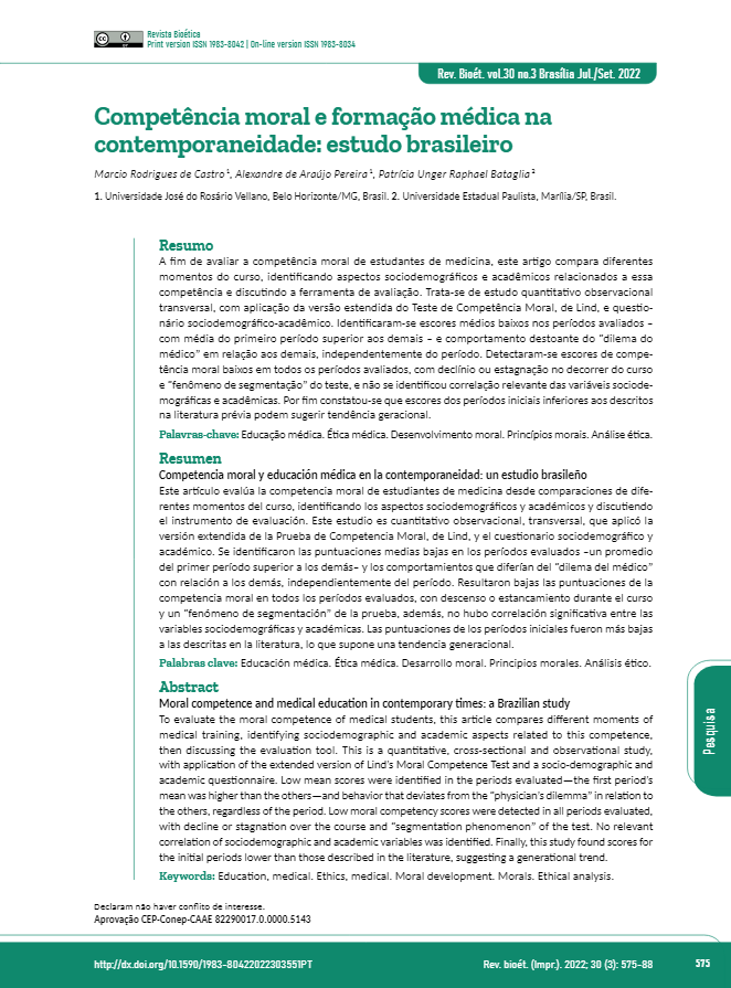 Competência moral e formação médica na contemporaneidade: estudo brasileiro