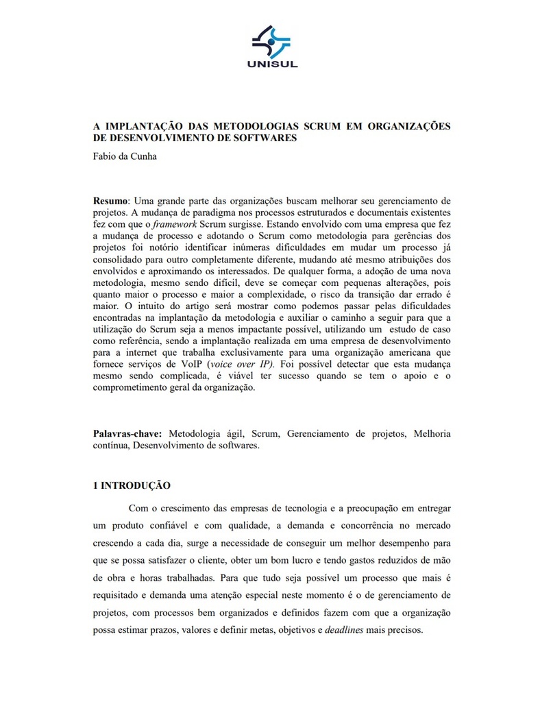 A implantação das metodologias Scrum em organizações de desenvolvimento de softwares