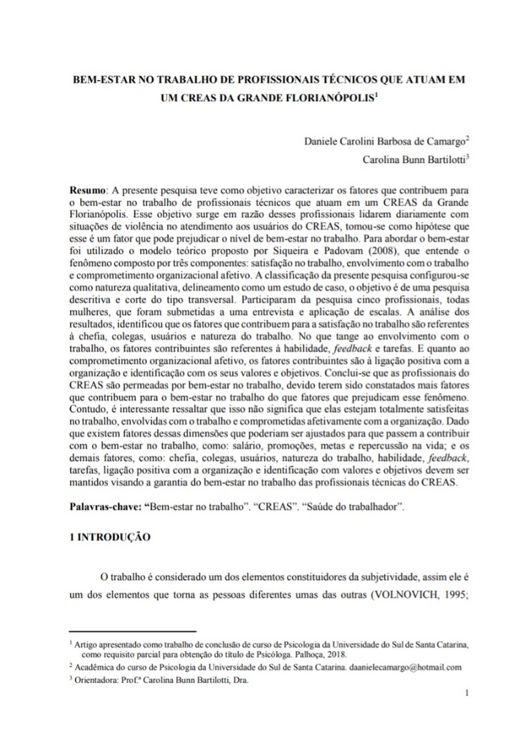 Bem-estar no trabalho de profissionais técnicos que atuam em um CREAS da Grande Florianópolis