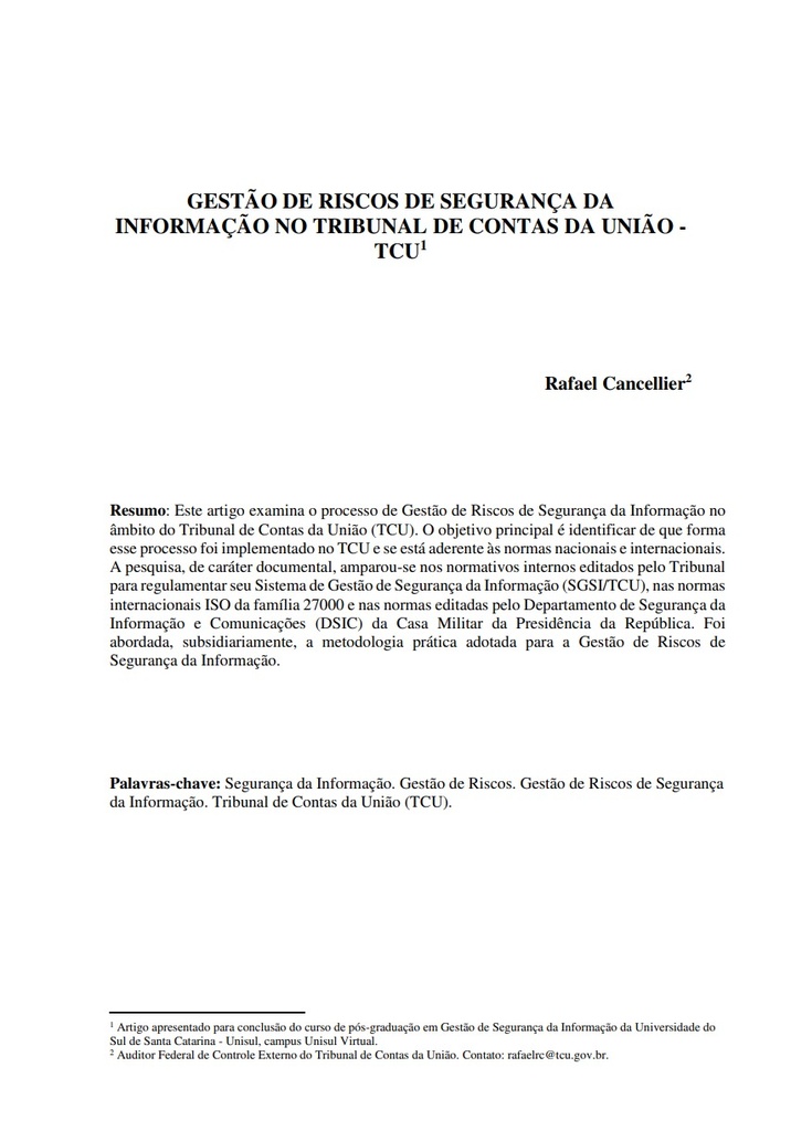 Gestão de riscos de segurança da informação no Tribunal de Contas da União - TCU