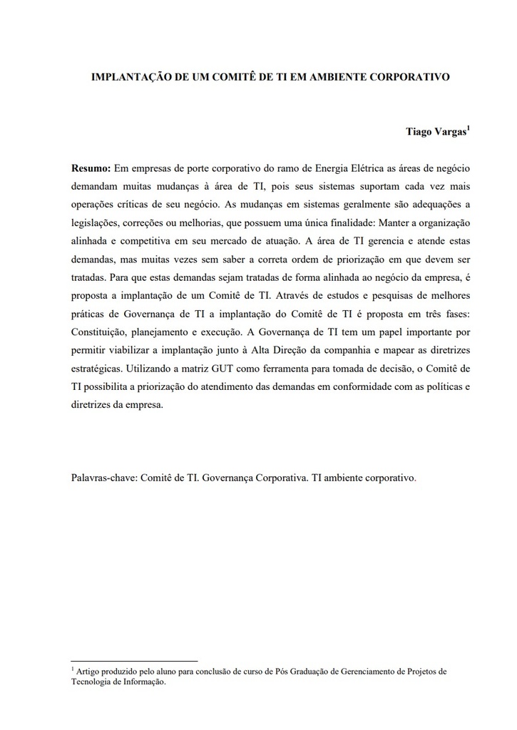 Implantação de comitê de TI em ambiente corporativo