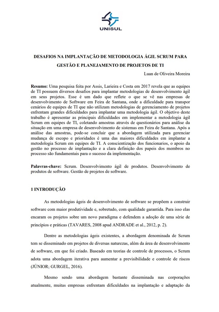 Desafios na implantação de metodologia ágil SCRUM para gestão e planejamento de projetos de TI