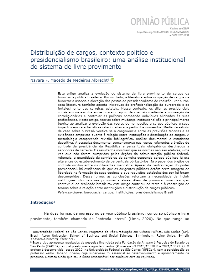 Distribuição de cargos, contexto político e presidencialismo brasileiro: uma análise institucional do sistema de livre provimento