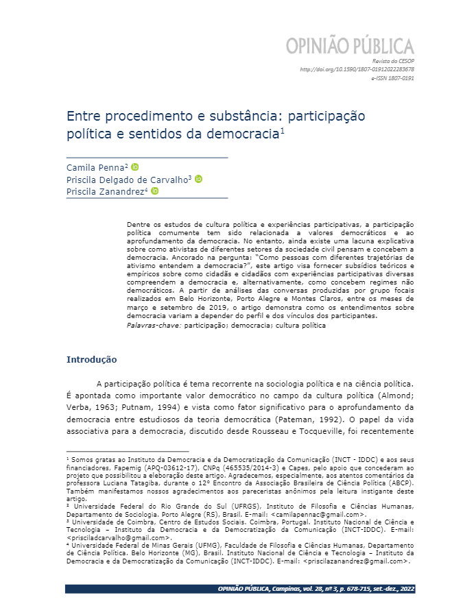 Entre procedimento e substância: participação política e sentidos da democracia