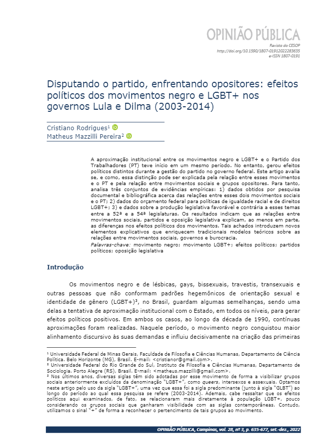 Disputando o partido, enfrentando opositores: efeitos políticos dos movimentos negro e LGBT+ nos governos Lula e Dilma (2003-2014)