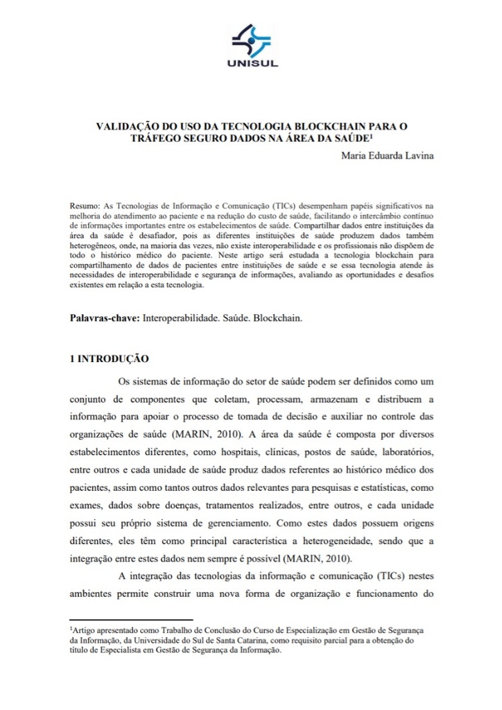 Validação do uso da tecnologia Blockchain para o tráfego seguro de dados na área da saúde