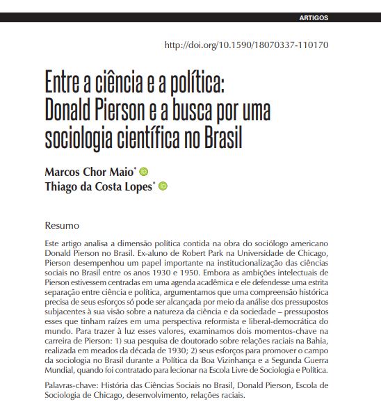 Entre a ciência e a política: Donald Pierson e a busca por uma sociologia científica no Brasil