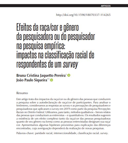 Efeitos da raça/cor e gênero da pesquisadora ou do pesquisador na pesquisa empírica: impactos na classificação racial de respondentes de um survey