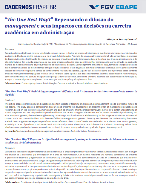 “The One Best Way?” Repensando a difusão do management e seus impactos em decisões na carreira acadêmica em administração