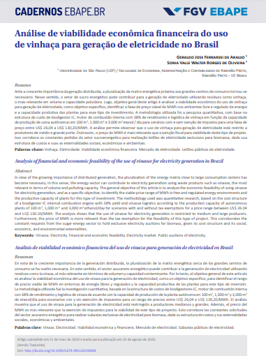 Analysis of financial and economic feasibility of the use of vinasse for electricity generation in Brazil