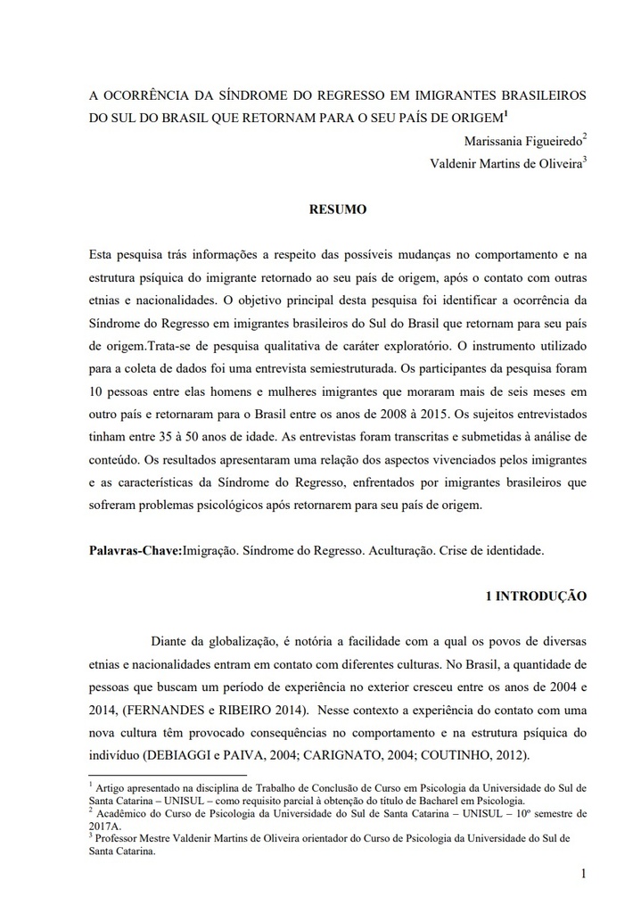 A ocorrência da síndrome do regresso em imigrantes brasileiros do sul do Brasil que retornam para o seu país de origem