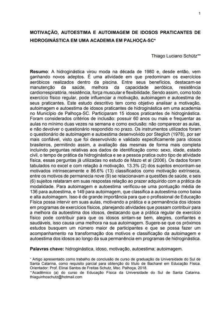 Motivação, autoimagem e autoestima de idosos praticantes de hidroginástica em uma academia em Palhoça-SC