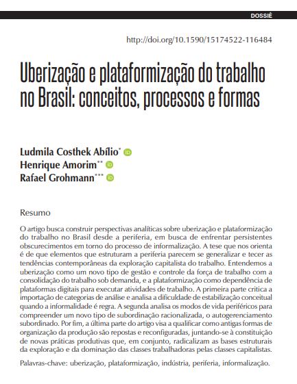 Uberização e plataformização do trabalho no Brasil: conceitos, processos e formas